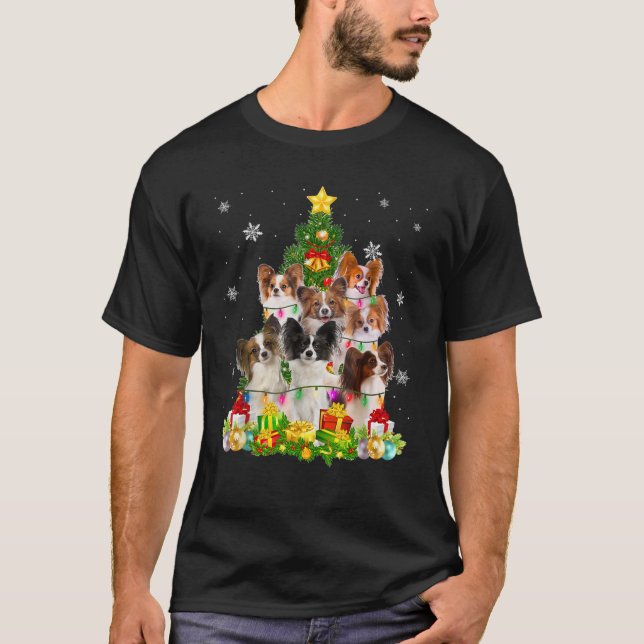 Camiseta Engraçado Papillon Árvore de Natal Engraçado Dogen (Frente)