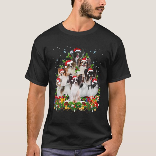 Camiseta Engraçado Papillon Cão Árvore de Natal Bonito Xmas (Frente)