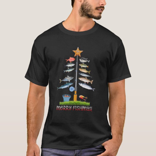 Camiseta Engraçado Pesca Árvore de Natal Pajama Feliz Fishm (Frente)