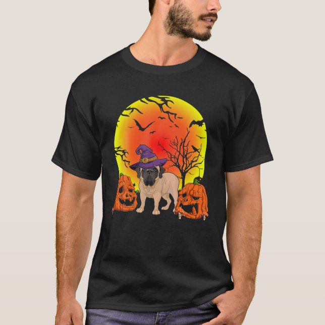 Camiseta Engraçado Pet English Mastiff Dog Witat Halloween (Frente)