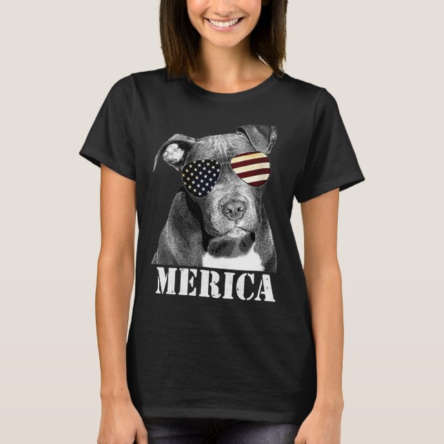 Camiseta Engraçado Pitbulny Cachorro Patriótico Usa Óculos  (Frente)