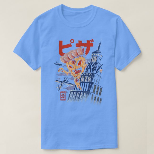 Camiseta Engraçado Pizza Kong Ataques Presente na Cidade As (Frente do Design)