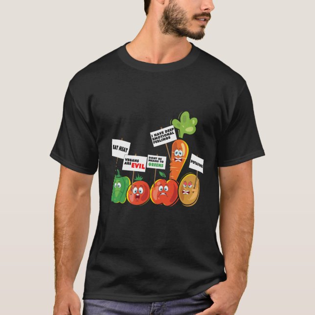 Camiseta Engraçado Protesto de Vegetais Pro Carne Anti-Vega (Frente)