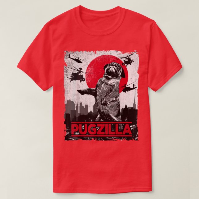 Camiseta Engraçado Pugzilla Pug (Frente do Design)