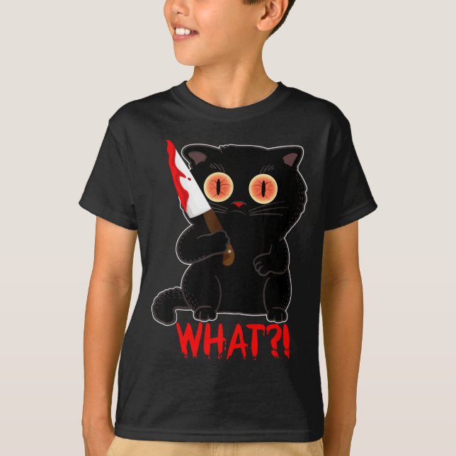 Camiseta Engraçado Que_ Gato Preto de Halloween Esfaqueia G (Frente)
