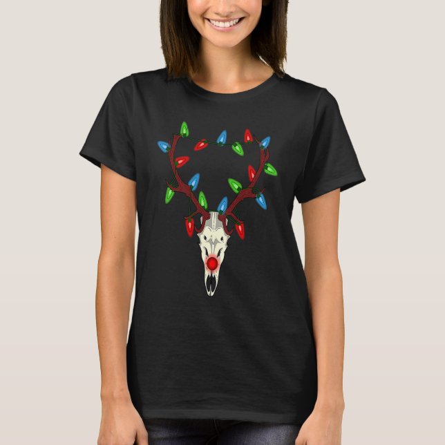 Camiseta Engraçado Reindeer Skull com luzes de Natal (Frente)