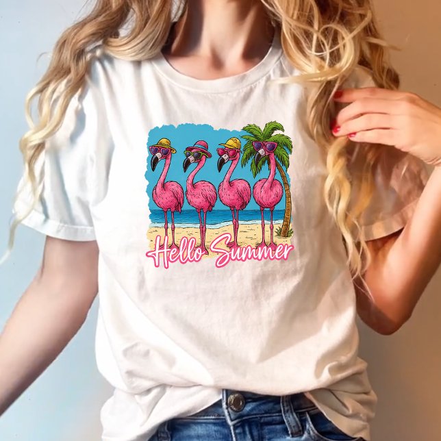 Camiseta Engraçado Rosa Flamingo Olá Verão (Criador carregado)