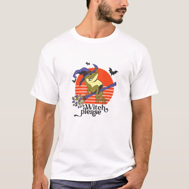 Camiseta Engraçado Sapo de desenho animado com Broomstick H (Frente)