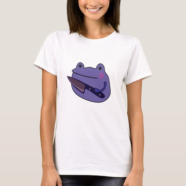 Camiseta Engraçado Sapo Kawaii com Sapo de Faca e Presente (Frente)