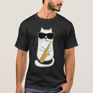Camiseta Engraçado Saxofone Cat Musico Jazz