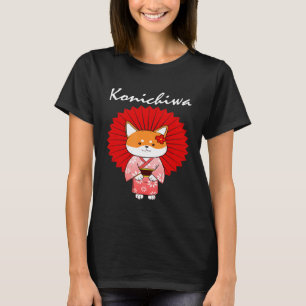 Camiseta Engraçado Shiba Inu Cão Konichiwa Kimono Flor Dr