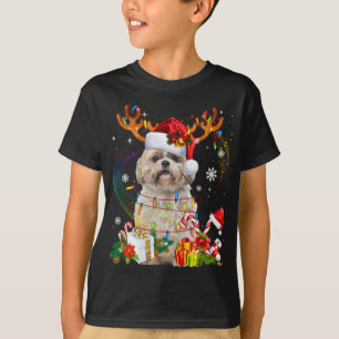 Camiseta Engraçado Shih Tzu Christmas Reindeers Luzes de Na