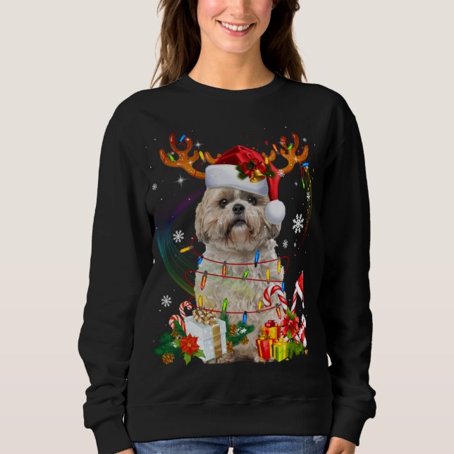 Camiseta Engraçado Shih Tzu Christmas Reindeers Luzes de Na (Frente)