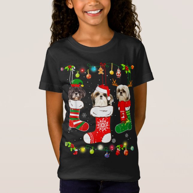 Camiseta Engraçado Shiu Tzu Cachorro Luzes de Natal Cachorr (Frente)