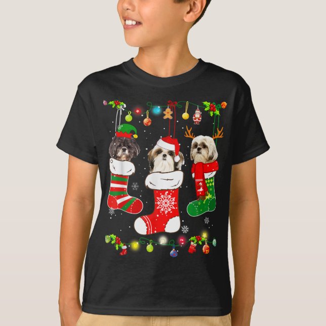 Camiseta Engraçado Shiu Tzu Cachorro Luzes de Natal Cachorr (Frente)