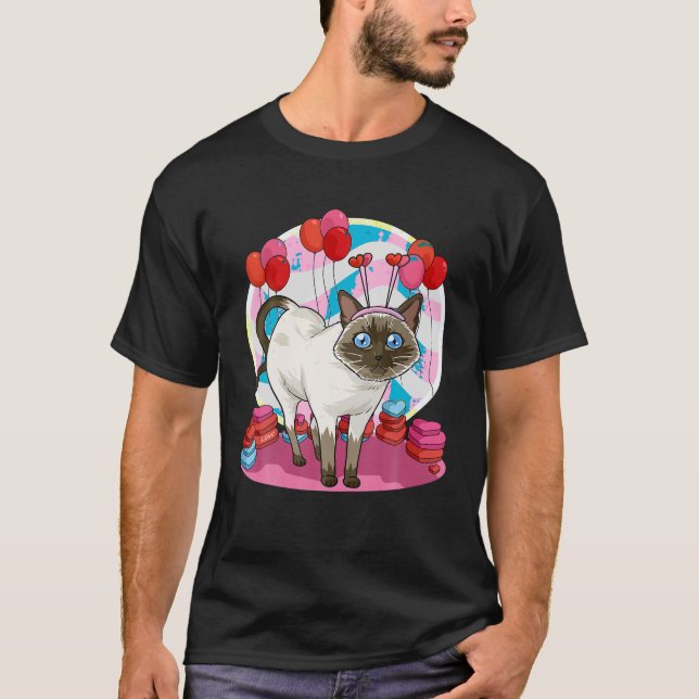 Camiseta Engraçado Siamês Gato Coração Valentim Dia Dotado  (Frente)