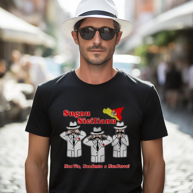 Camiseta Engraçado Siciliano Dizendo Máfia Caracteriza T-Sh (Sugnu Sicilianu: I'm a Sicilian (male) Funny Mafia Cartoon Tee
"I don't see, hear, or speak.")