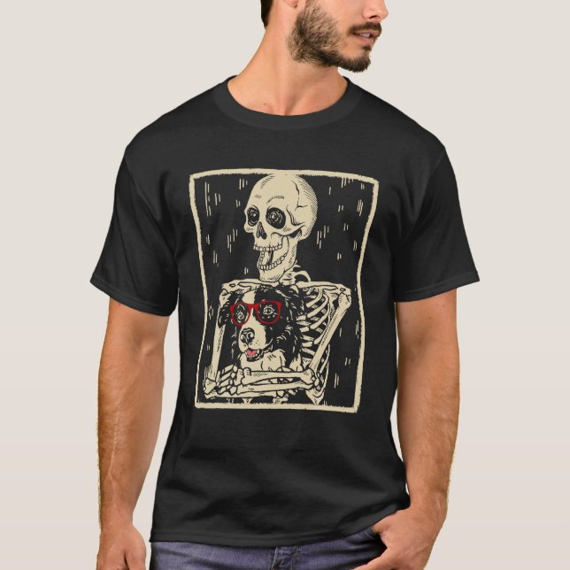 Camiseta Engraçado Skeleton abraça a borda Collie Dog Hallo (Frente)
