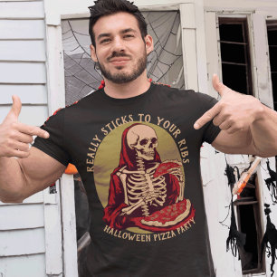 Camiseta Engraçado Skeleton Comendo Pizza Halloween Gótico