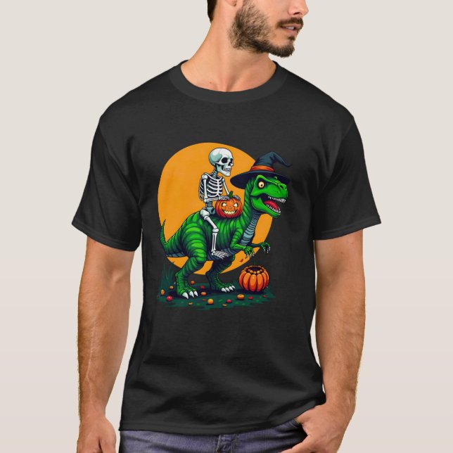 Camiseta Engraçado Skeleton Dinossaur T Rex Witat Halloween (Frente)
