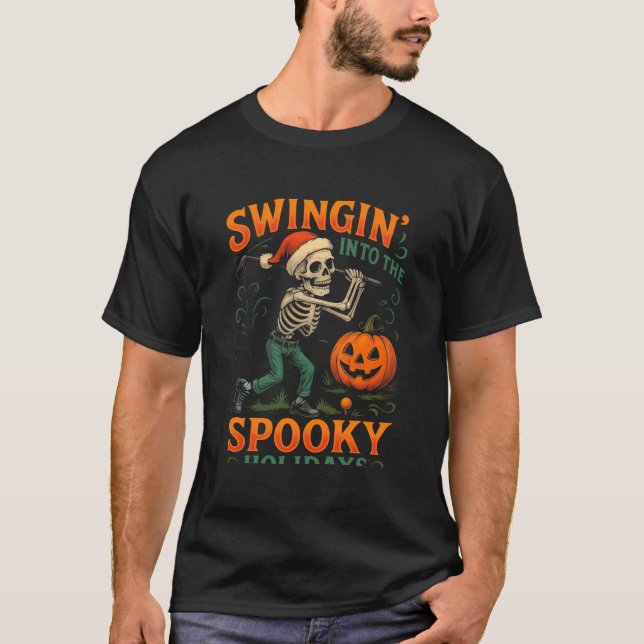 Camiseta Engraçado Skeleton Golfer Halloween Design de Nata (Frente)
