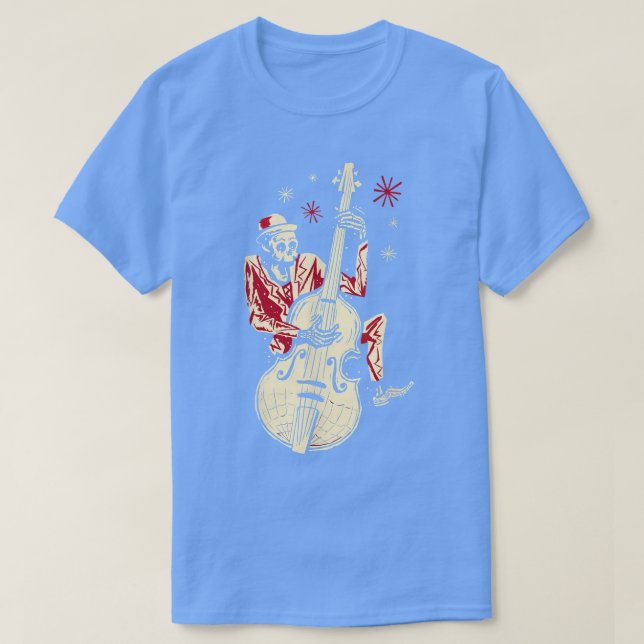 Camiseta Engraçado Skeleton tocando violão Jazz Música Vint (Frente do Design)