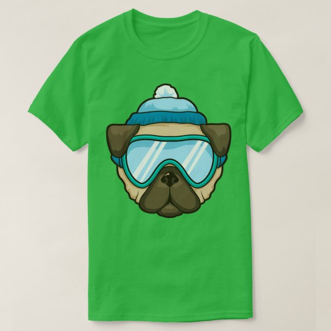 Camiseta Engraçado Skier Snowboard Esquiando Cachorro Pug D (Frente do Design)