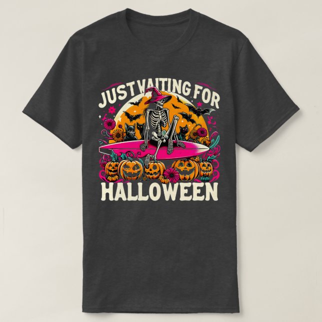 Camiseta Engraçado Só Esperando O Esqueleto De Halloween, S (Frente do Design)