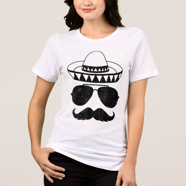 Camiseta Engraçado Sombrero Face Com bigode Para Cinc Mexic (Frente)