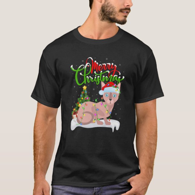 Camiseta Engraçado Sphynx Cat Lover Xmas Iluminação Sphynx  (Frente)