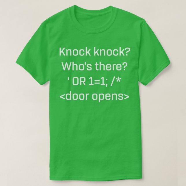 Camiseta Engraçado SQL Product Inject Knock Piada p (Frente do Design)