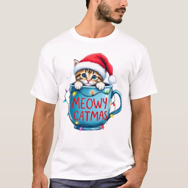 Camiseta Engraçado Sublimação de Gato de Natal (Frente)