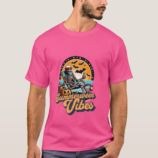 Camiseta Engraçado Summerentre Vibes Summer Skeleton Beach  (Frente)