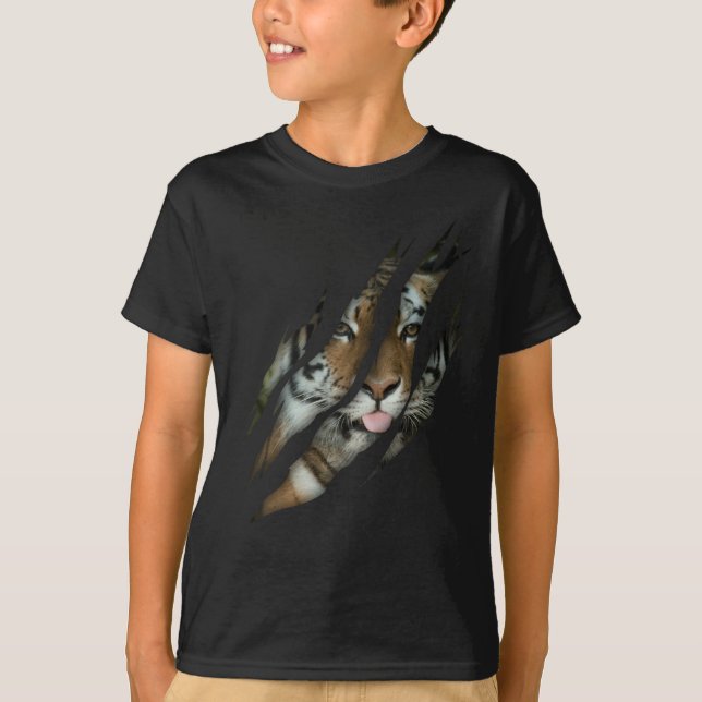 Camiseta Engraçado Tiger Face Torn Claw Selvagem Safari Ani (Frente)