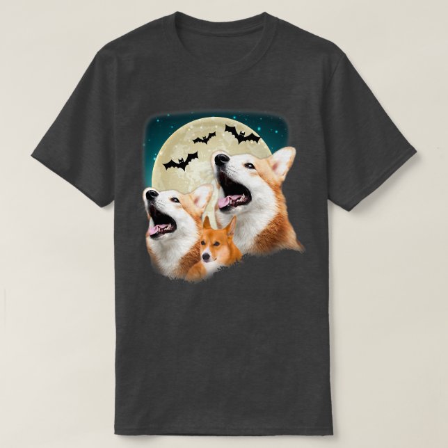 Camiseta Engraçado Três Corgi Halloween E Halloween Moon-11 (Frente do Design)