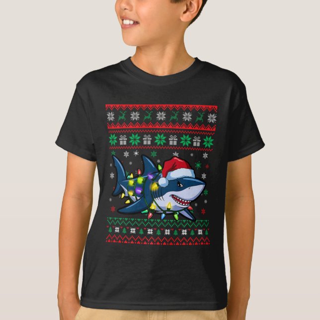 Camiseta Engraçado Tubarão Natal Frio Noel Hat Luz Natal (Frente)