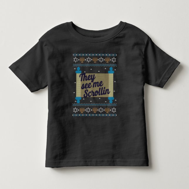 Camiseta Engraçado Ugly Hanukkah Me Vê Scrollin Tee (Frente)