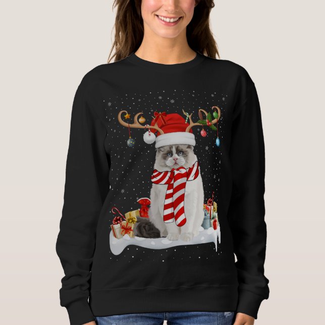 Camiseta Engraçado Xmas Lighting Reindeer Santa Hat Ragdoll (Frente)