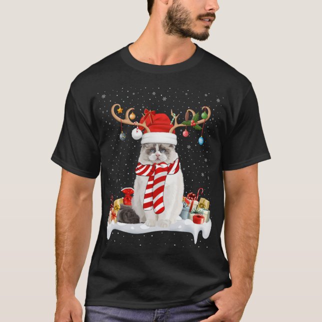 Camiseta Engraçado Xmas Lighting Reindeer Santa Hat Ragdoll (Frente)