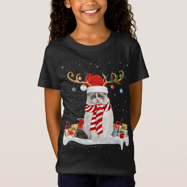 Camiseta Engraçado Xmas Lighting Reindeer Santa Hat Ragdoll (Frente)