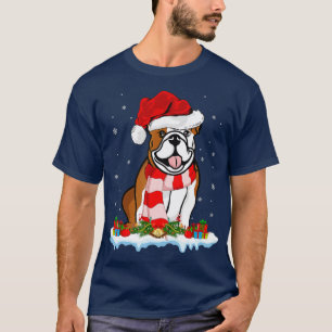Camiseta Engraçado Xmas Lighting Santa Hat American Buldog 