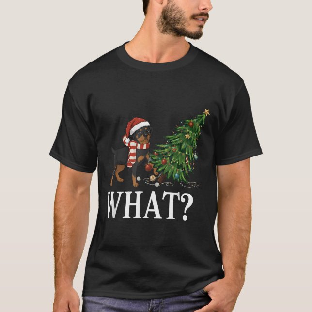 Camiseta Engraçado Xmas Rottweiler empurrando a árvore de N (Frente)