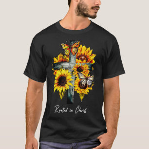 Camiseta Enraizado na Cruz de Cristo Girassóis Borboletas C