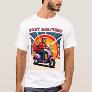 Camiseta Entregador pilotando uma scooter com caixa de comi