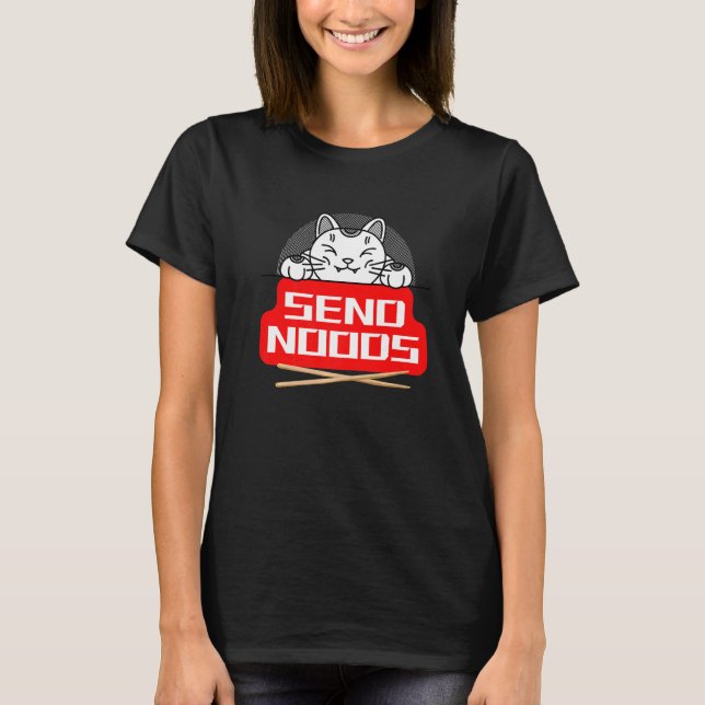 Camiseta Enviar Noods de Cat Japonês com Chopsticks (Frente)