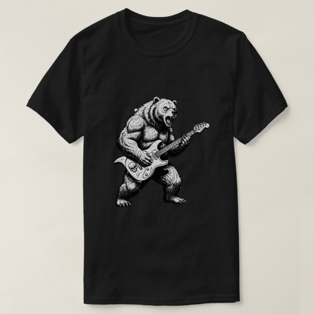 Camiseta Epic Rock Guitar Bear Black & White Men’s (Frente do Design)