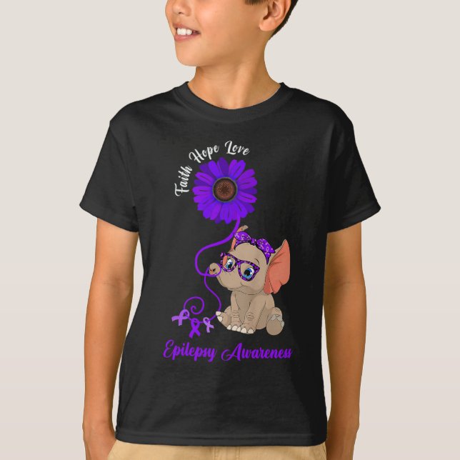 Camiseta Epilepsy Awareness Elephant Faith Hope Love Sunflo (Frente)