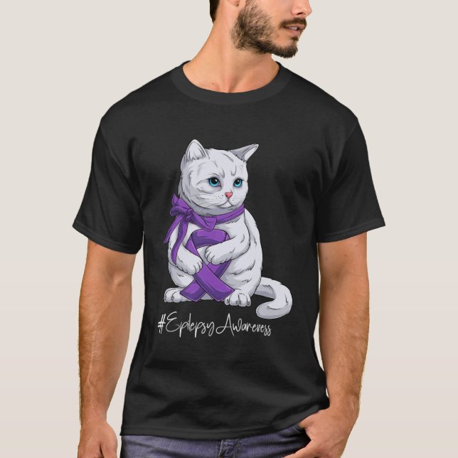Camiseta Epilepsy Awareness Month Purple Ribbon Cat (Frente)