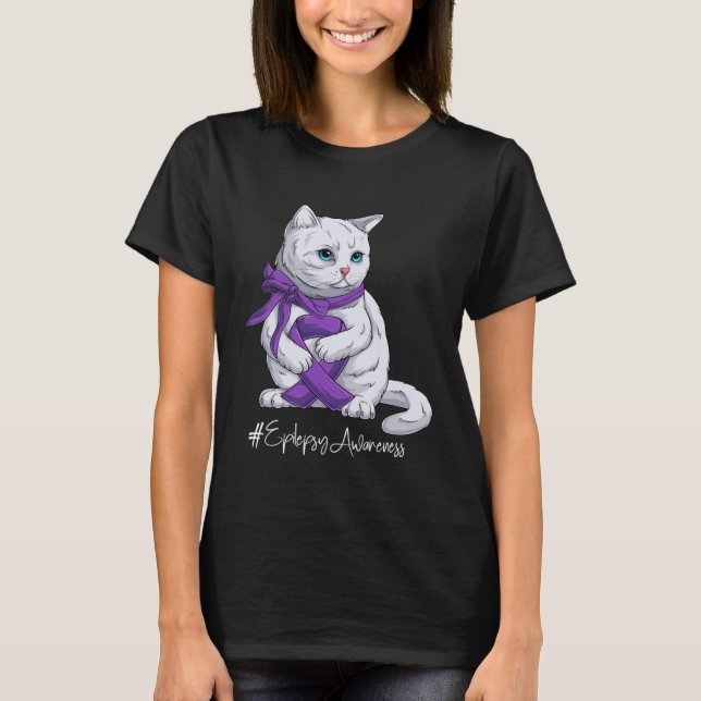 Camiseta Epilepsy Awareness Month Purple Ribbon Cat (Frente)