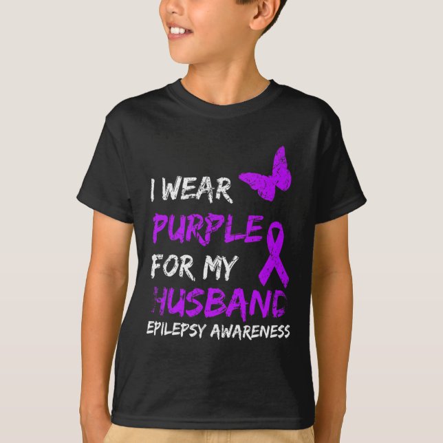 Camiseta Epilepsy I Wear Purple For My Husbynd Ribbon  (Frente)